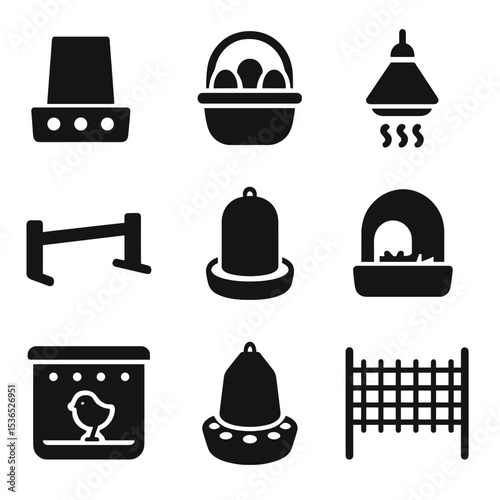Poultry Care Icons. Solid vector icons of poultry care accessories: chicken feeder, egg basket, heat lamp, roost bar, water dish,