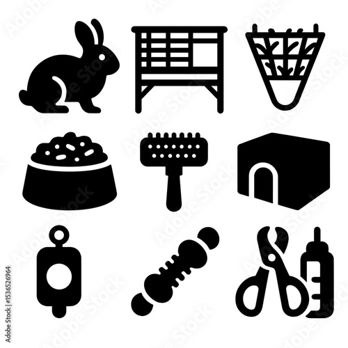 Rabbit Care Icons. Solid vector icons of rabbit and small animal gear: wire hutch, hay rack, pellet bowl, grooming brush, hide box