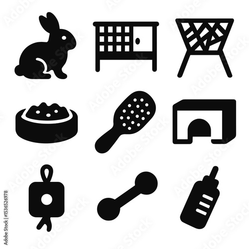Rabbit Care Icons. Solid vector icons of rabbit and small animal gear: wire hutch, hay rack, pellet bowl, grooming brush, hide box
