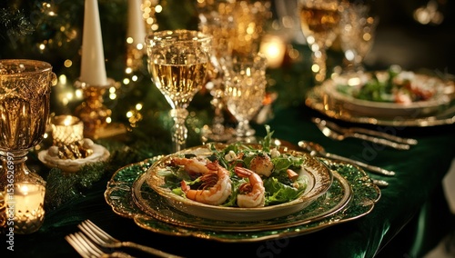 Elegant Christmas Eve dinner setting with shrimp salad and vintage glassware