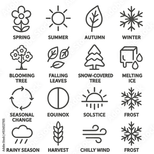 Seasonal Line Icons. Line style icons of seasons in nature: spring flower, summer sun, autumn leaf, winter snowflake, blooming