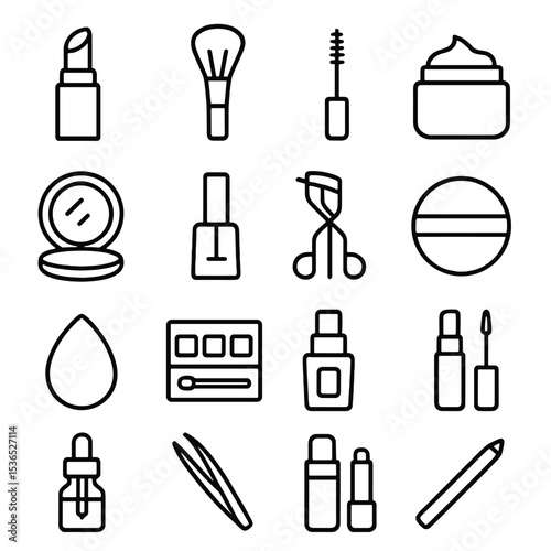 Beauty Essentials Icons. Line style icons of beauty essentials: lipstick, makeup brush, mascara wand, face cream, compact mirror,