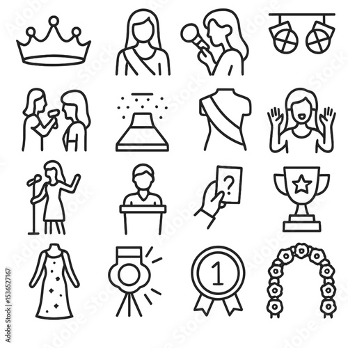 Beauty Contest Icons. Line style icons of beauty contest: crown, contestant icon, makeup session, stage lights, hair styling,