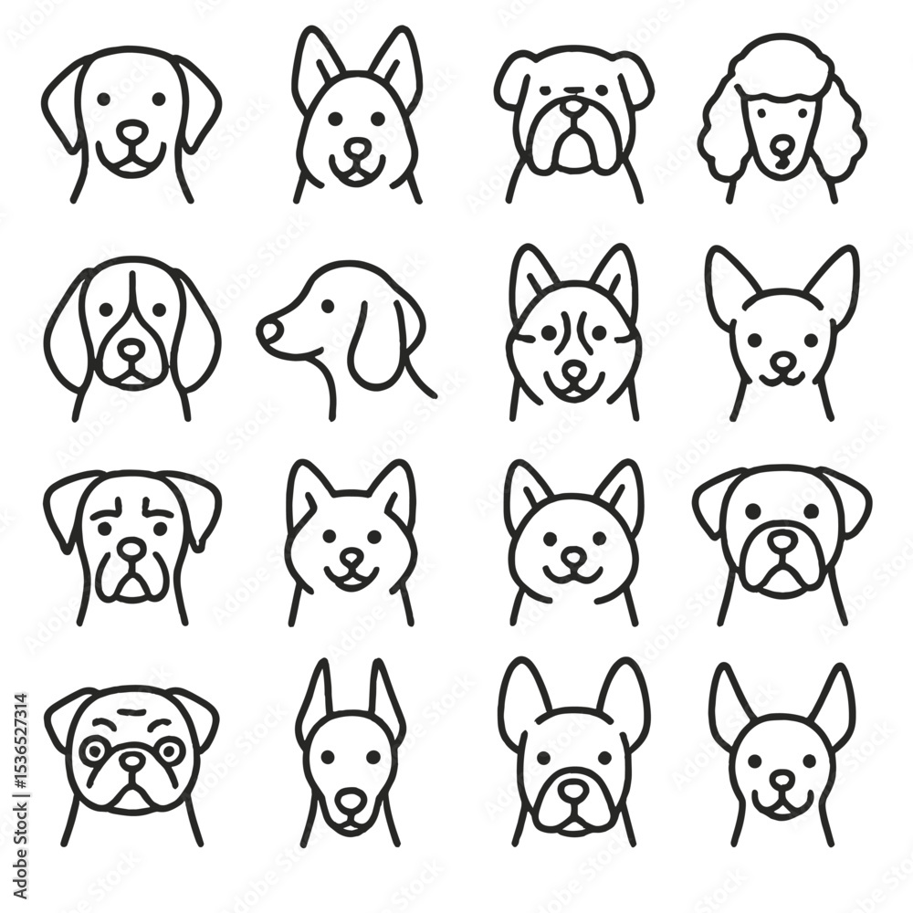 Fototapeta premium Dog Breed Icons. Line style icons of dog breeds: Labrador, German Shepherd, Bulldog, Poodle, Beagle, Dachshund, Husky, Chihuahua,