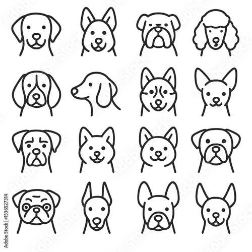Dog Breed Icons. Line style icons of dog breeds: Labrador, German Shepherd, Bulldog, Poodle, Beagle, Dachshund, Husky, Chihuahua,