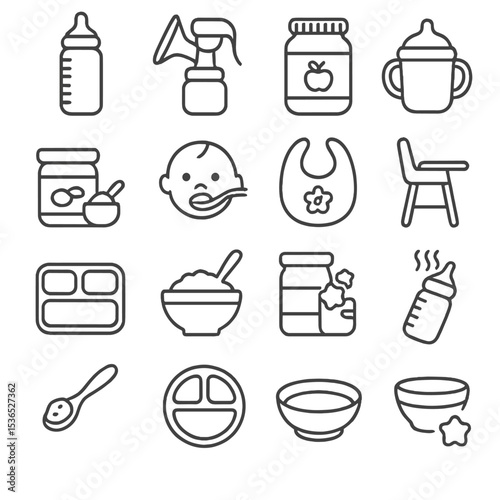 Baby Feeding Icons. Line style icons of baby feeding: bottle, breast pump, baby food jar, sippy cup, baby formula, spoon feeding,