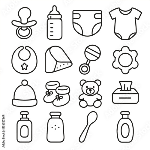 Baby Essentials Icons. Line style icons of baby essentials: pacifier, baby bottle, diaper, onesie, baby bib, baby blanket, baby