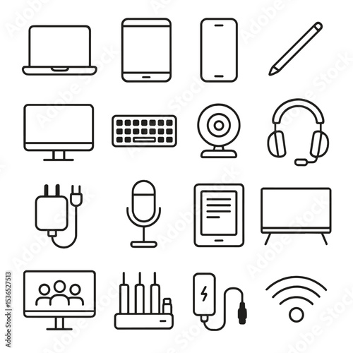 Learning Device Icons. Line style icons of learning devices: laptop, tablet, smartphone, stylus pen, desktop monitor, wireless