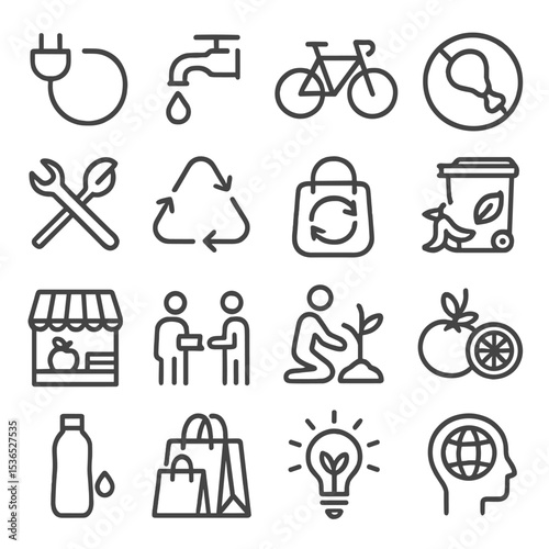 Eco-Friendly Icons. Line style icons of climate-friendly habits: unplug devices, use less water, bike more, reduce meat, repair