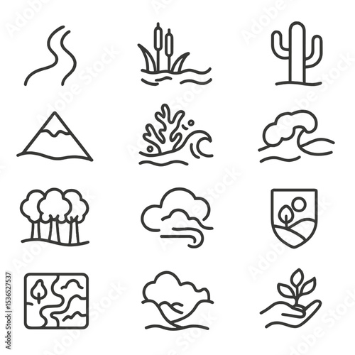 Nature Icons Collection. Line style icons of nature and ecosystems: river icon, forest tree, wetland area, desert cactus, mountain