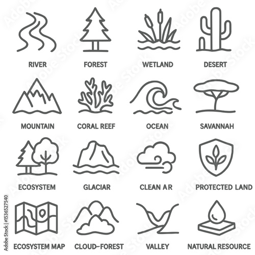 Nature Icons Collection. Line style icons of nature and ecosystems: river icon, forest tree, wetland area, desert cactus, mountain