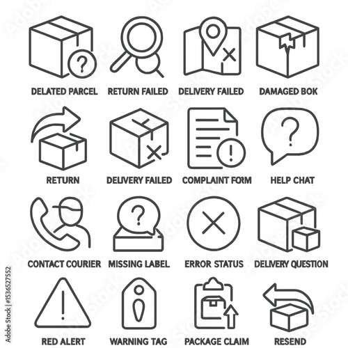 Delivery Issue Icons. Line style icons of delivery issues: delayed parcel, lost package, wrong address, damaged box, return icon,
