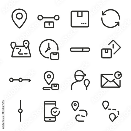 Tracking Icons Collection. Line style icons of tracking and updates: location pin, delivery timeline, tracking ID, update icon,