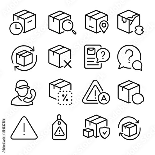 Delivery Issue Icons. Line style icons of delivery issues: delayed parcel, lost package, wrong address, damaged box, return icon,
