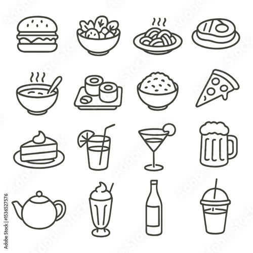 Food and Drink Icons. Line style icons of food and drink menu: burger icon, salad bowl, pasta plate, steak dish, soup bowl, sushi