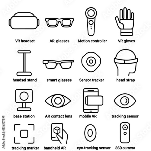 AR and VR Line Icons. Line style icons of AR and VR devices: VR headset, AR glasses, motion controller, VR gloves, haptic vest,