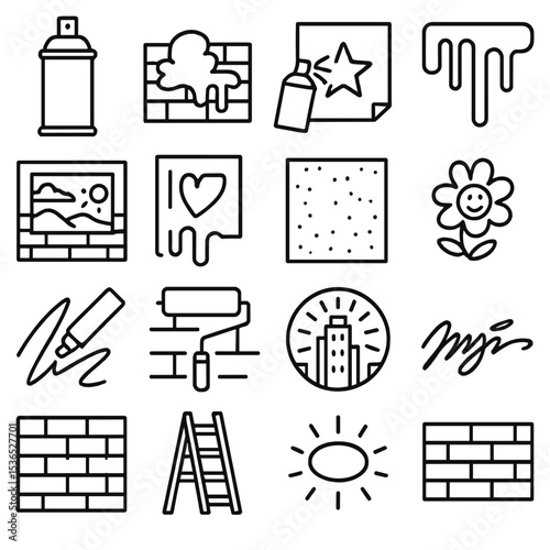 Urban Art Icons. Line style icons of urban and street art: spray can, graffiti wall, stencil icon, paint drip, street mural, wheat