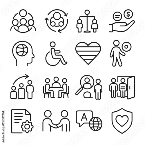 Diversity Line Icons. Line style icons of diversity and inclusion: inclusive team, DEI icon, gender balance, equal pay icon,