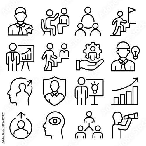 Leadership Icons Collection. Line style icons of leadership and development: leadership icon, mentoring session, succession plan,