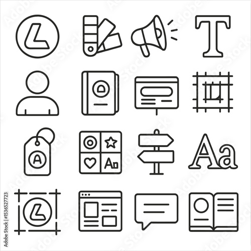 Branding Line Icons. Line style icons of branding and identity: logo mark, color palette, brand voice, typeface icon, identity