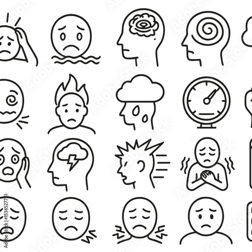 Stress Icon Set. Line style icons of stress and anxiety: stress icon, anxious face, overthinking icon, spiral thoughts, tension