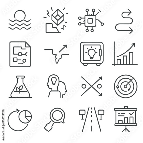 Innovation Strategy Icons. Line style icons of innovation strategy: blue ocean icon, disruptive icon, edge tech, innovation