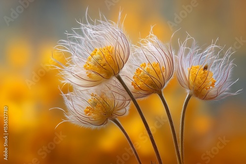 Delicate seed plume of a pasque flower floating on a buttery yellow backdrop