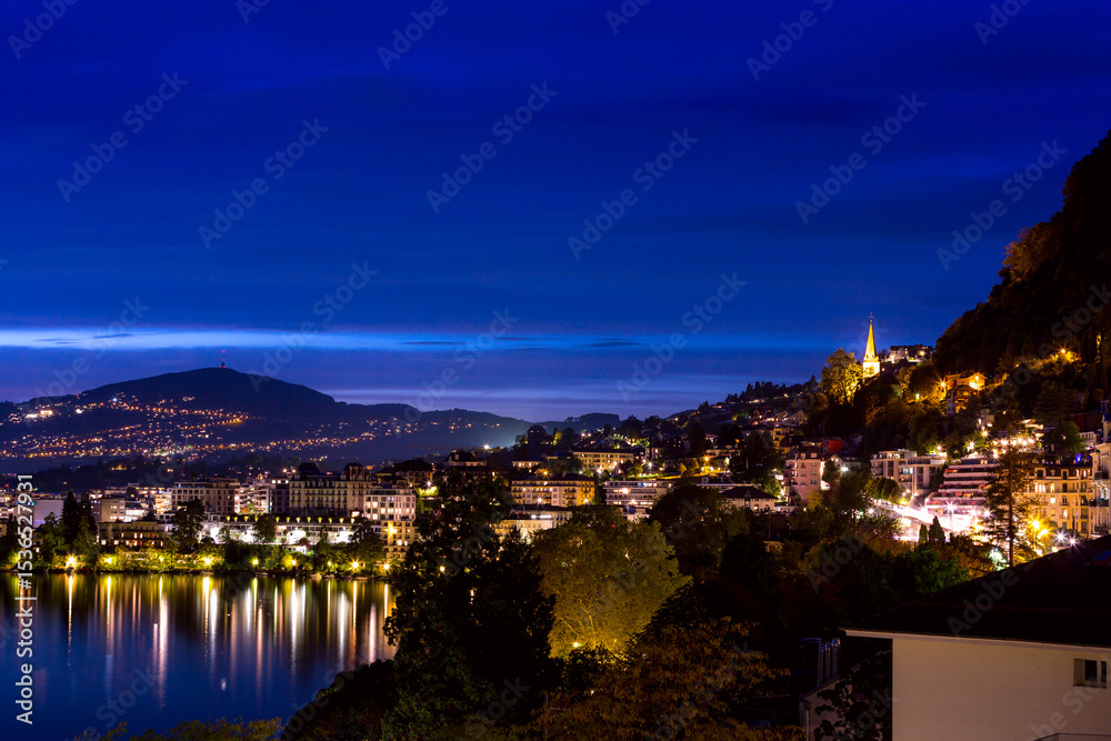 Fototapeta premium Switzerland, Montreux, night view with lake