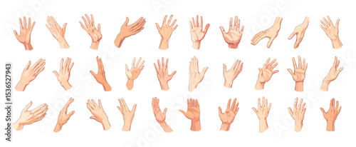 Hands with fingers cartoon vector set. Human wrist multiple angles expressive gestures character animation body part, isolated illustration on white background