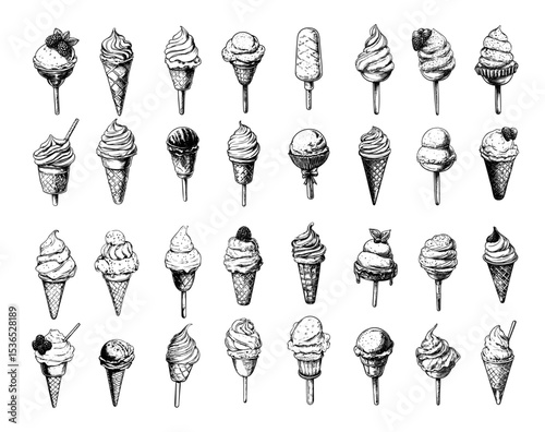 Ice cream engraving vector set. Frozen chocolate popsicle vanilla pistachio caramel coffee mint different toppings cones stick treats, monochrome isolated vectors on white background