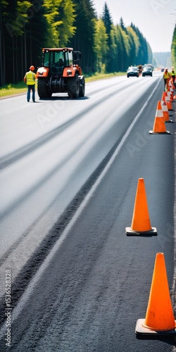 Road construction crew paving fresh asphalt with heavy machinery