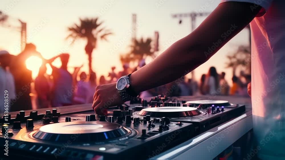 Energetic Dj Performance at Sunset Beach Party Captivating Crowd 4K