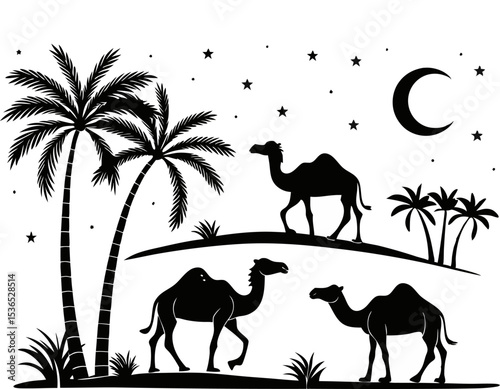 Camel Silhouettes in Desert
