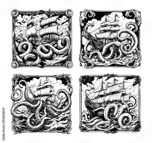 Kraken sinking sailboat stormy ocean engraving vector set. Monstrous tentacles shipwreck scene pirate mythology deep sea horror waves maritime sailor legend nautical adventure terror