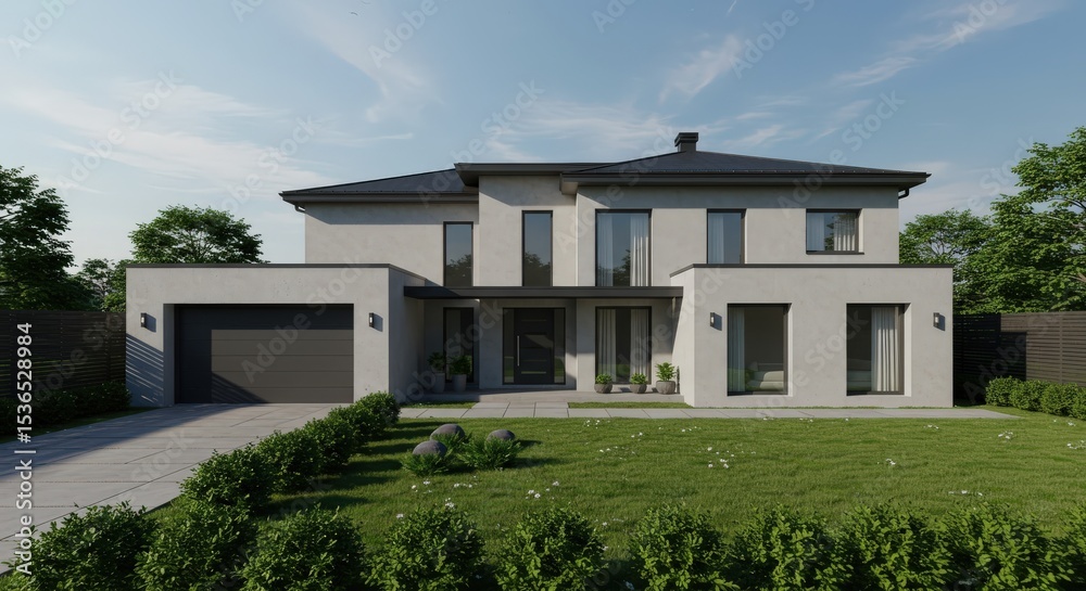Fototapeta premium Modern Dream Home: A contemporary architectural marvel, the house, showcasing sleek lines, expansive windows, and a minimalist aesthetic. Nestled on manicured landscaping under a bright sky.