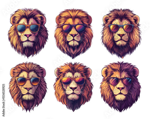 Lion head wearing sunglasses cartoon vector set. Animal portrait fierce big cat predator golden mane fur wildlife roaring charisma king beast hunter, illustration isolated on white background