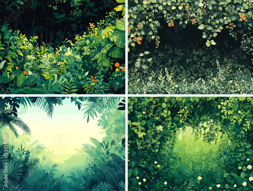 Lush jungle cartoon landscapes. Dense foliage tropical rainforest ferns vibrant greenery exotic wildlife misty hidden trails untamed nature emerald leaves ancient trees overgrown eco paradise