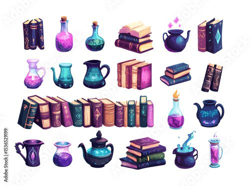 Magic books spells potion bottles glowing elixirs cartoon vector set. Enchanted library mystical brews leather bound tomes alchemy sparkling potions ingredients dusty scrolls wizardry arcane tools