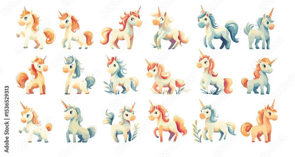 Obraz premium Magical unicorn cartoon vector set. Little pony horse rainbow mane sparkling horn fantasy creature mythical beast dreamy fairy tale whimsical cute animal legendary symbol isolated on white backdrop