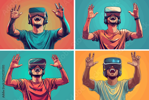 Man raising hands vr headset virtual reality vector scenes. Male excited gesture futuristic digital world gaming session tech enthusiasm character, modern gamer dynamic pose cyber immersive play