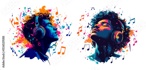 Man with headphones listening music vector concepts. Guy male sound waves musical notes melody rhythm flow beat drops audio passion harmony modern vibe creative concept isolated on white backdrop