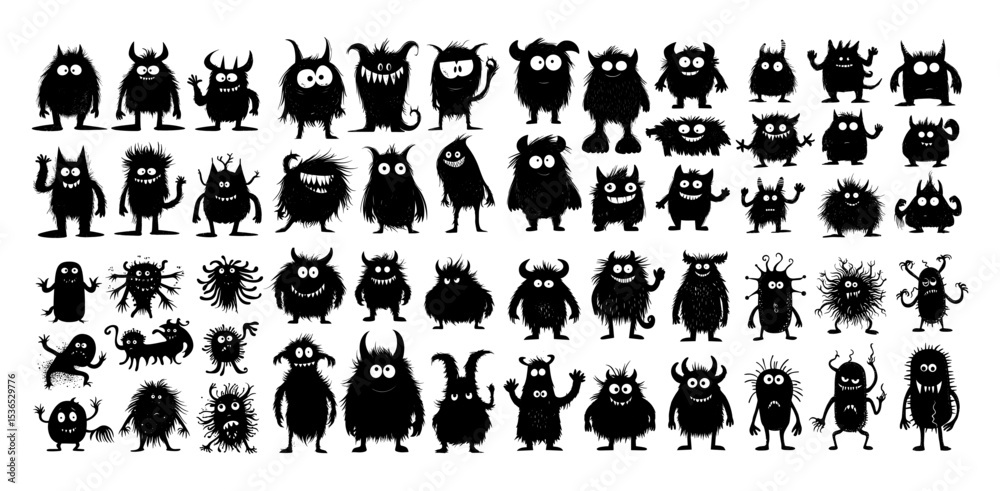 Fototapeta premium Monsters black ink vector set. Fangs horns fluffy fur big eyes creatures fantasy cute magical world friendly demons comic characters little beasts, monochrome isolated illustration on white backdrop