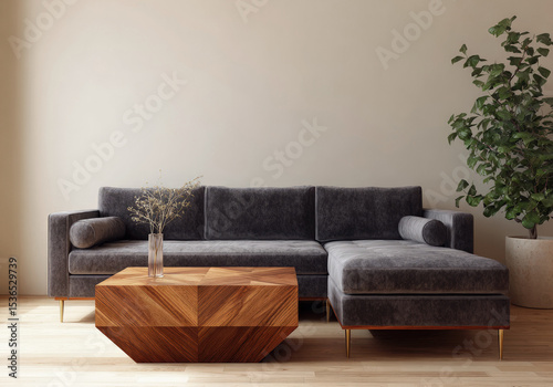 Modern living room with grey velvet sectional sofa, wooden coffee table and indoor plant.
