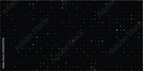 A geometric pattern of colored shapes arranged in a grid displaying a diverse array of forms and sizes on a dark backdrop