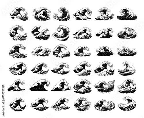 Ocean waves black ink sketch vector set. Crashing surf water splashes white foam sea spray coastal power dynamic motion salty breeze marine energy stormy seas tranquil tides surface maritime isolated