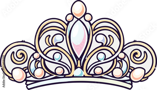 Elegant crown illustration with pearls and gemstones embellishments in art nouveau style.