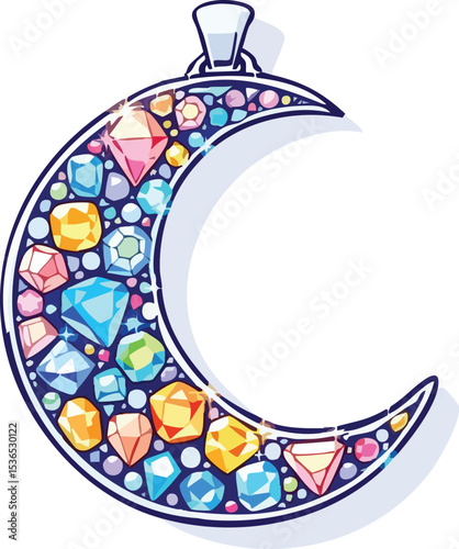 Elegant crescent moon pendant adorned with sparkling colorful gemstones vector illustration.