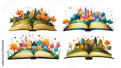 Open book with city inside cartoon vector set. Miniature metropolis trees magical realism fantasy landscape bookscape surreal library architecture dreamy escape literary wonderland isolated on white