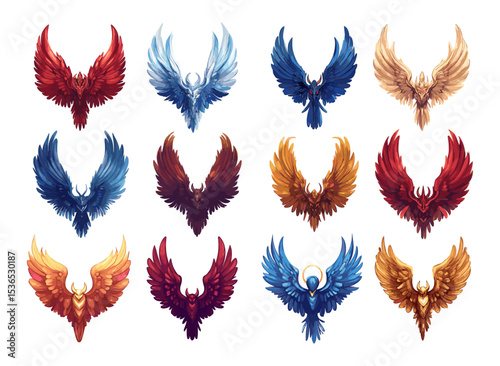 Phoenix birds logos cartoon vector set. Fiery burning feather plumage fire wings immortality flame soaring mythical rebirth flying fantasy legend creatures animals, illustrations isolated on white