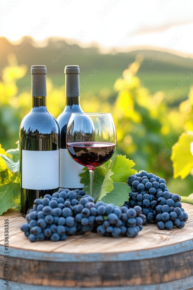 Fototapeta premium Rustic wine scene with bottles and grapes on wooden table in vineyard setting